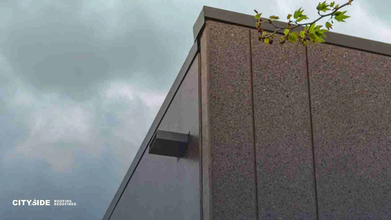 A modern rooftop corner with textured siding against a cloudy sky. A small tree branch with green leaves extends from the upper right, adding contrast.