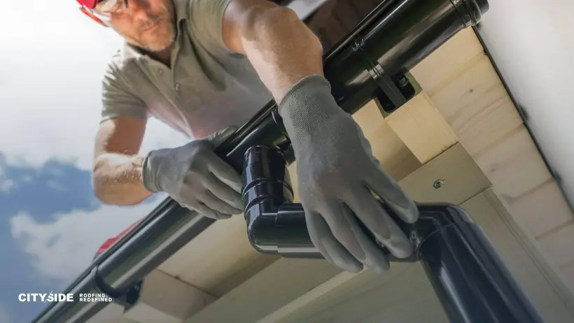 A man in a red hat and gloves is working on fixing a gutter on a residential building.
