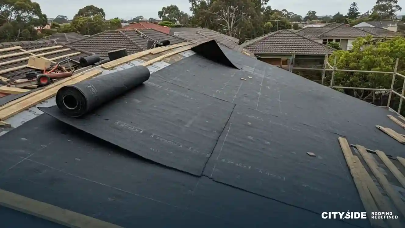 Roofing construction on a residential building with black underlayment partially installed. Nearby roofs in view, surrounded by trees and overcast sky.