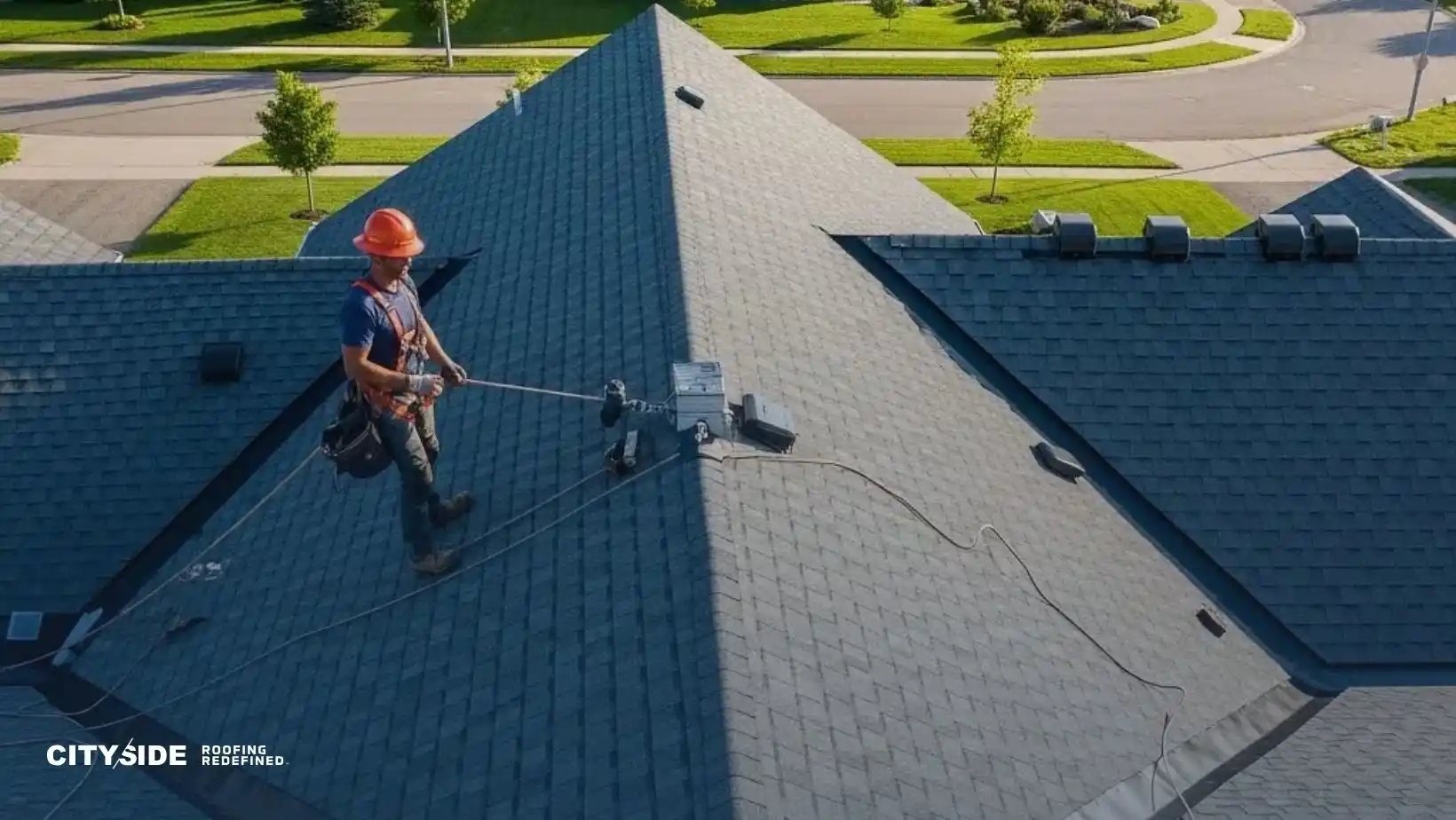 A worker in an orange helmet and safety harness inspects a large gray shingled rooftop on a sunny day, with a suburban street and greenery below.