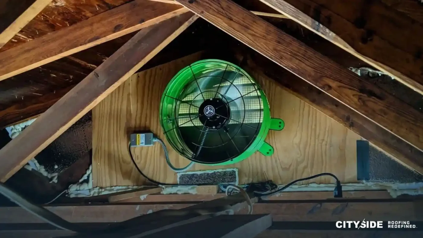A green ceiling fan is installed in the center of a room
