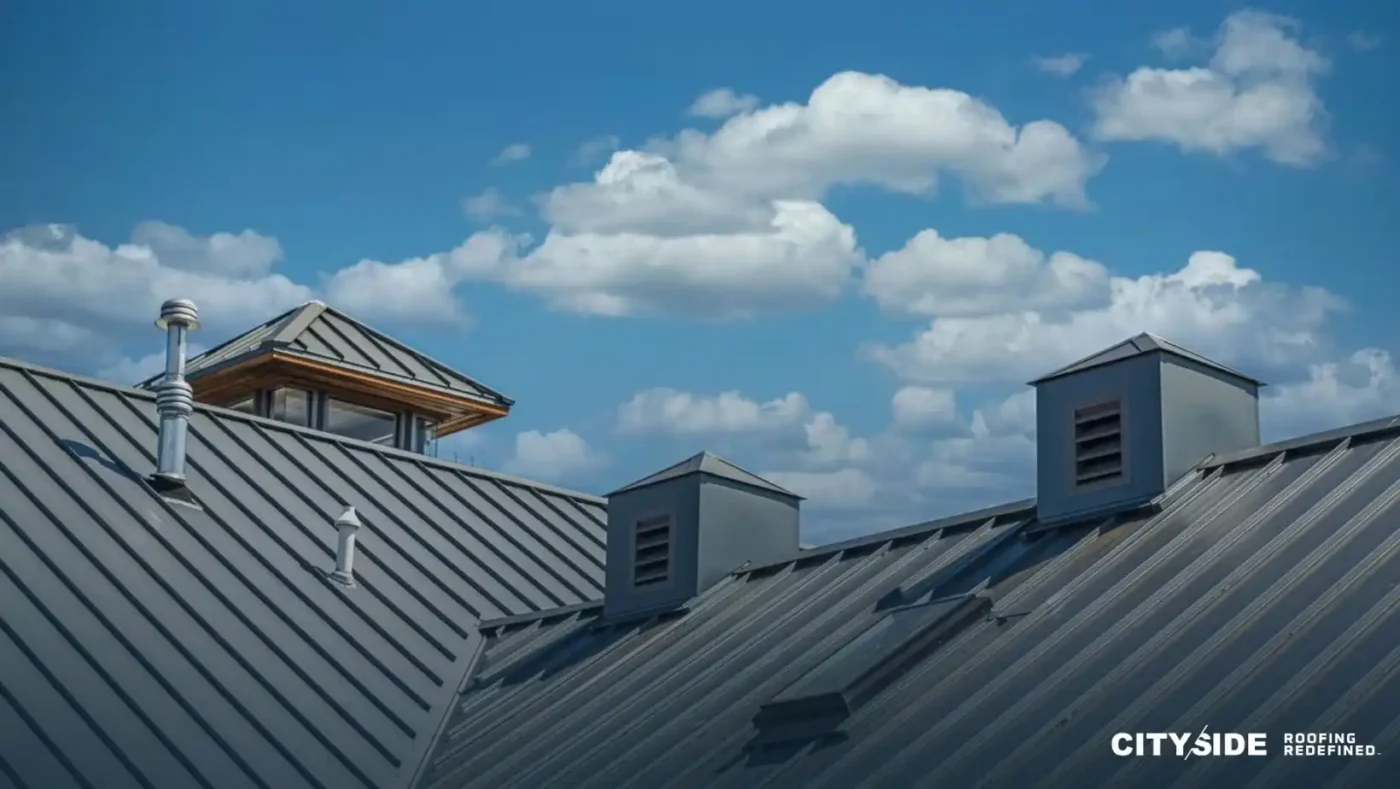 A metal roof with a chimney under a clear blue sky