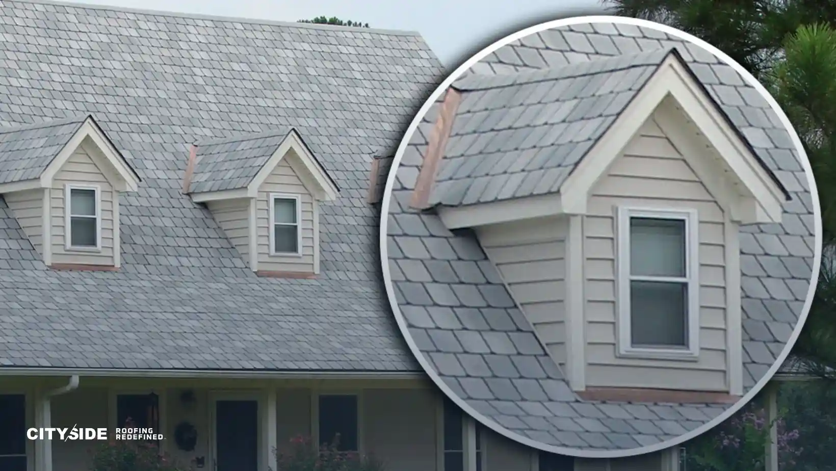 Close-up of a house with a light grey shingle roof, emphasizing a dormer window. The image conveys a clean, modern look with well-maintained siding.