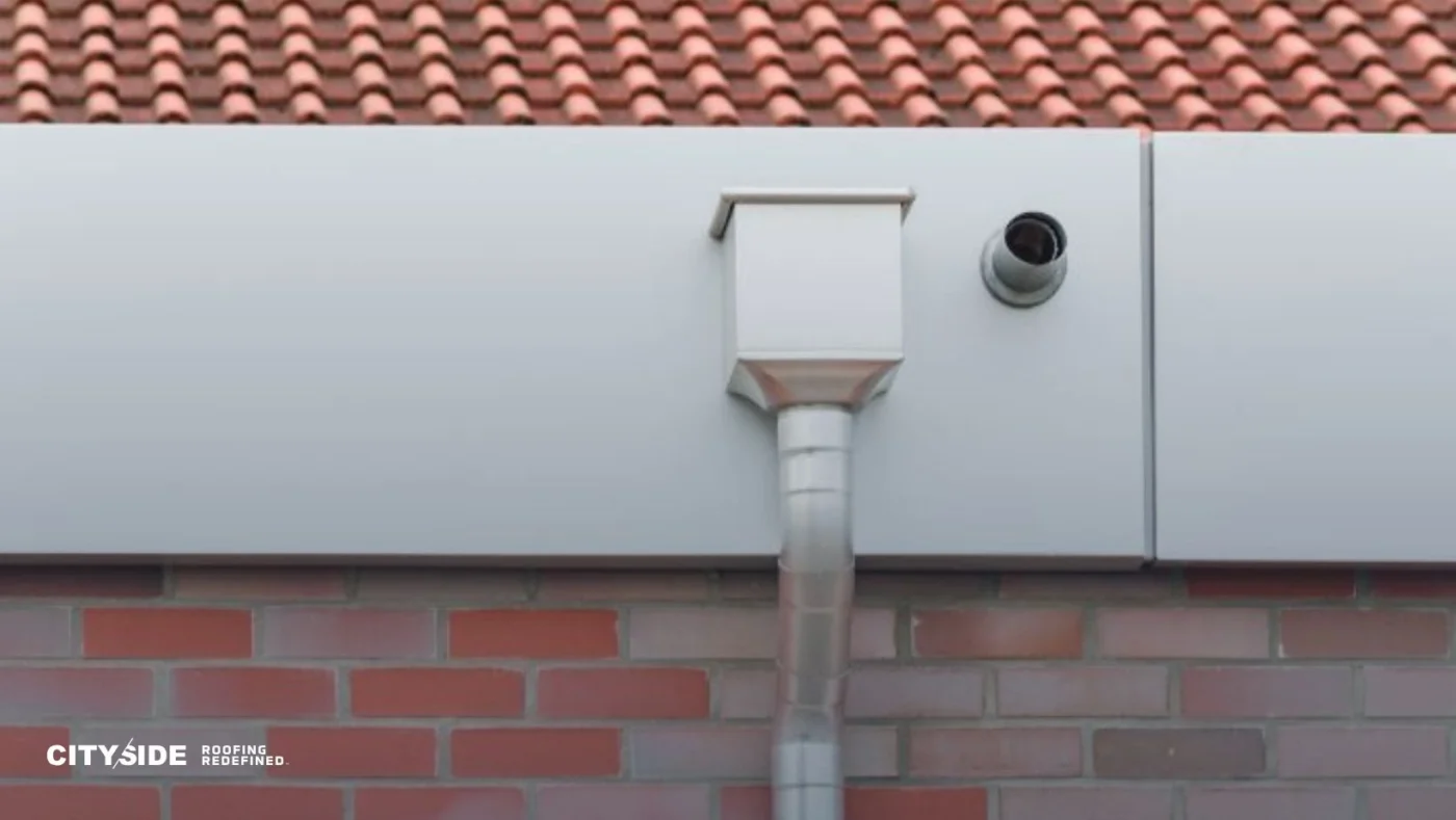 Close-up of a rooftop gutter and downspout attached to a brick exterior wall.