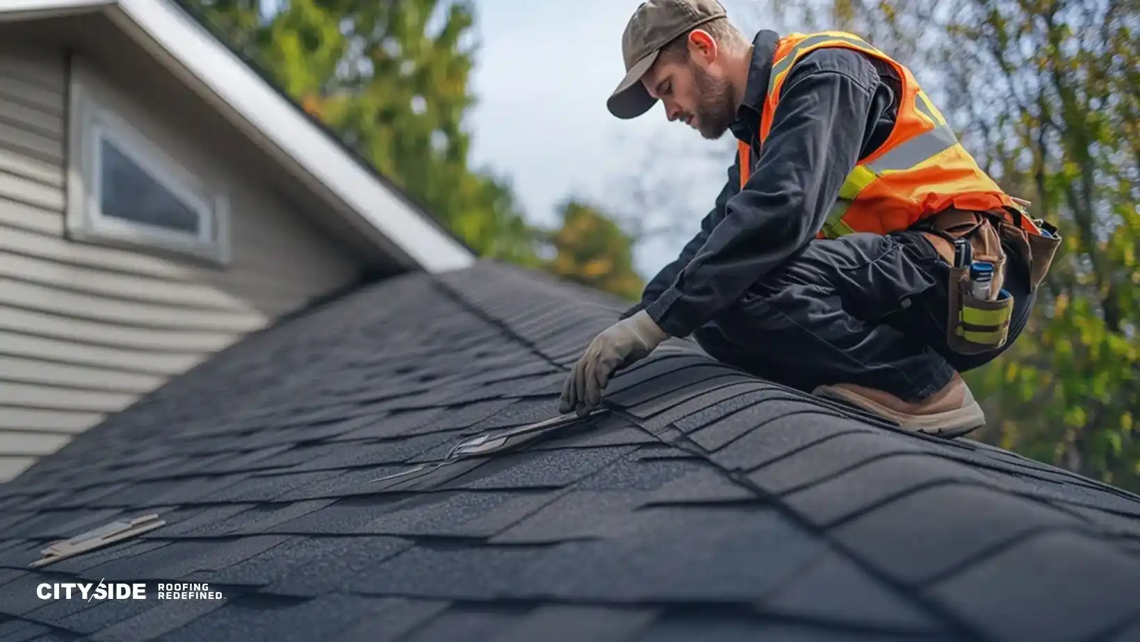 A roofer in a reflective vest and cap kneels on a shingled roof, repairing it with tools. Trees and a house exterior visible, conveying focus and professionalism.