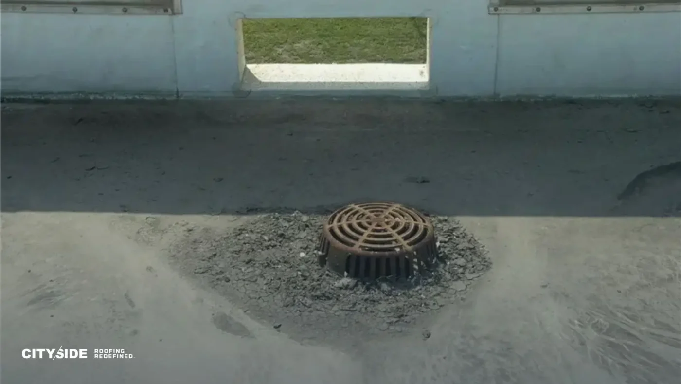 A rooftop view featuring a circular drain grate surrounded by damp, uneven concrete. Sunlight shines through a small opening in a white wall. Calm tone.