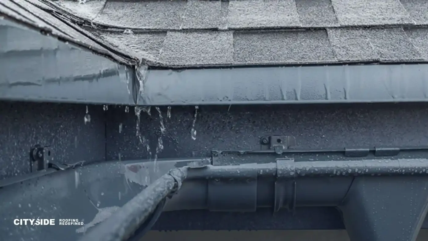 Rainwater is pouring over the edge of a roof with gray shingles, overflowing a gutter. The mood is damp and indicates potential leakage issues.