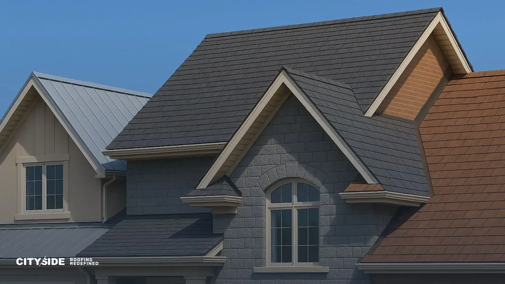 Close-up of a house with varied roofing styles, including gray shingles, red tiles, and silver metal. A centered arched window adds elegance.