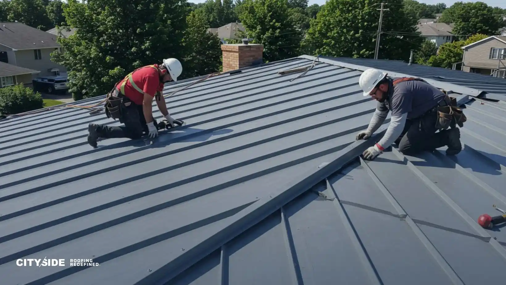 Two workers in safety gear install a metal roof on a house. The setting is a sunny suburban neighborhood with trees and houses in the background.