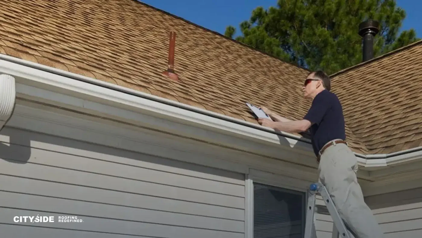Man in casual attire inspects a shingle roof from a ladder, taking notes on a clipboard. Bright, sunny day; home maintenance context.
