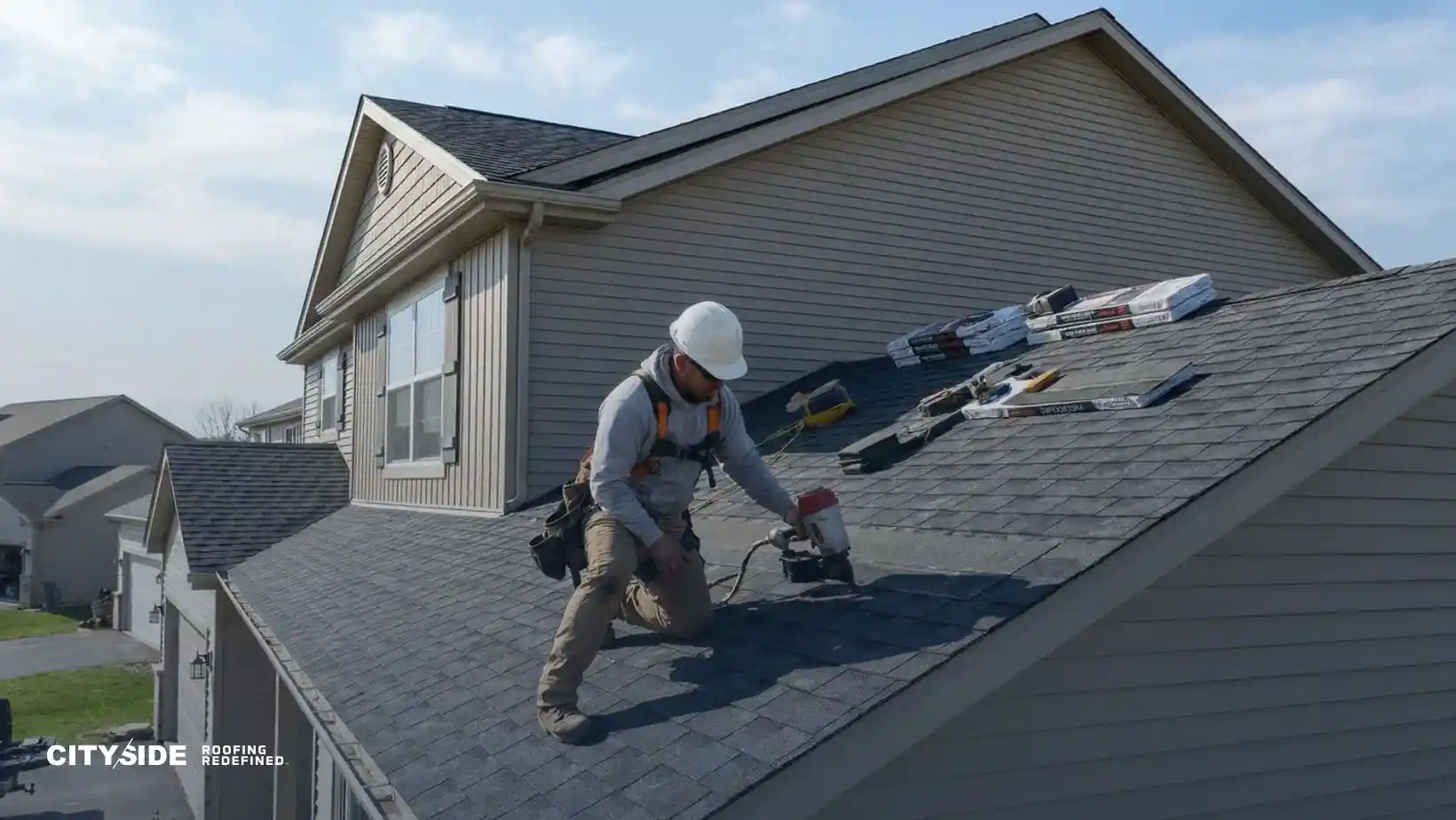 A construction worker in a hard hat uses a nail gun on the roof of a beige house. Shingles and tools are neatly arranged nearby. The scene conveys industriousness and focus.
