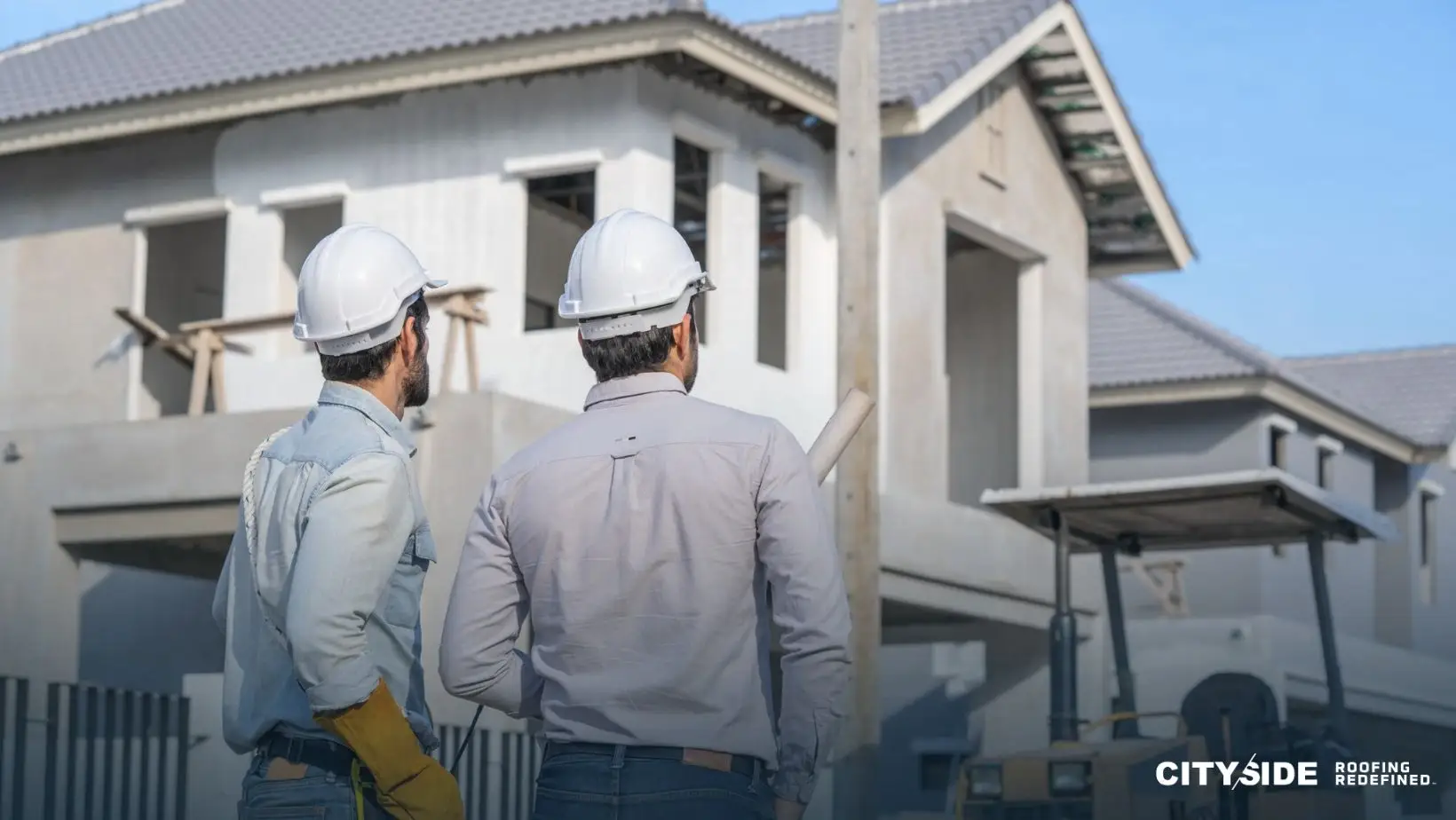 Two men in hard hats stand in front of a house