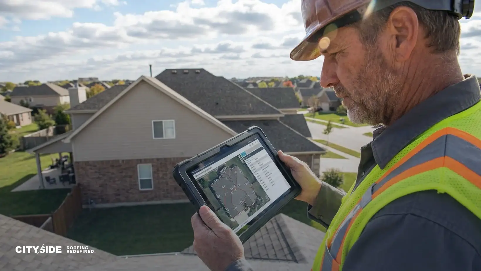 A man in a hard hat and safety vest uses a tablet to assess a suburban house's roof. Overcast sky, neighborhood view. Professional and focused tone.