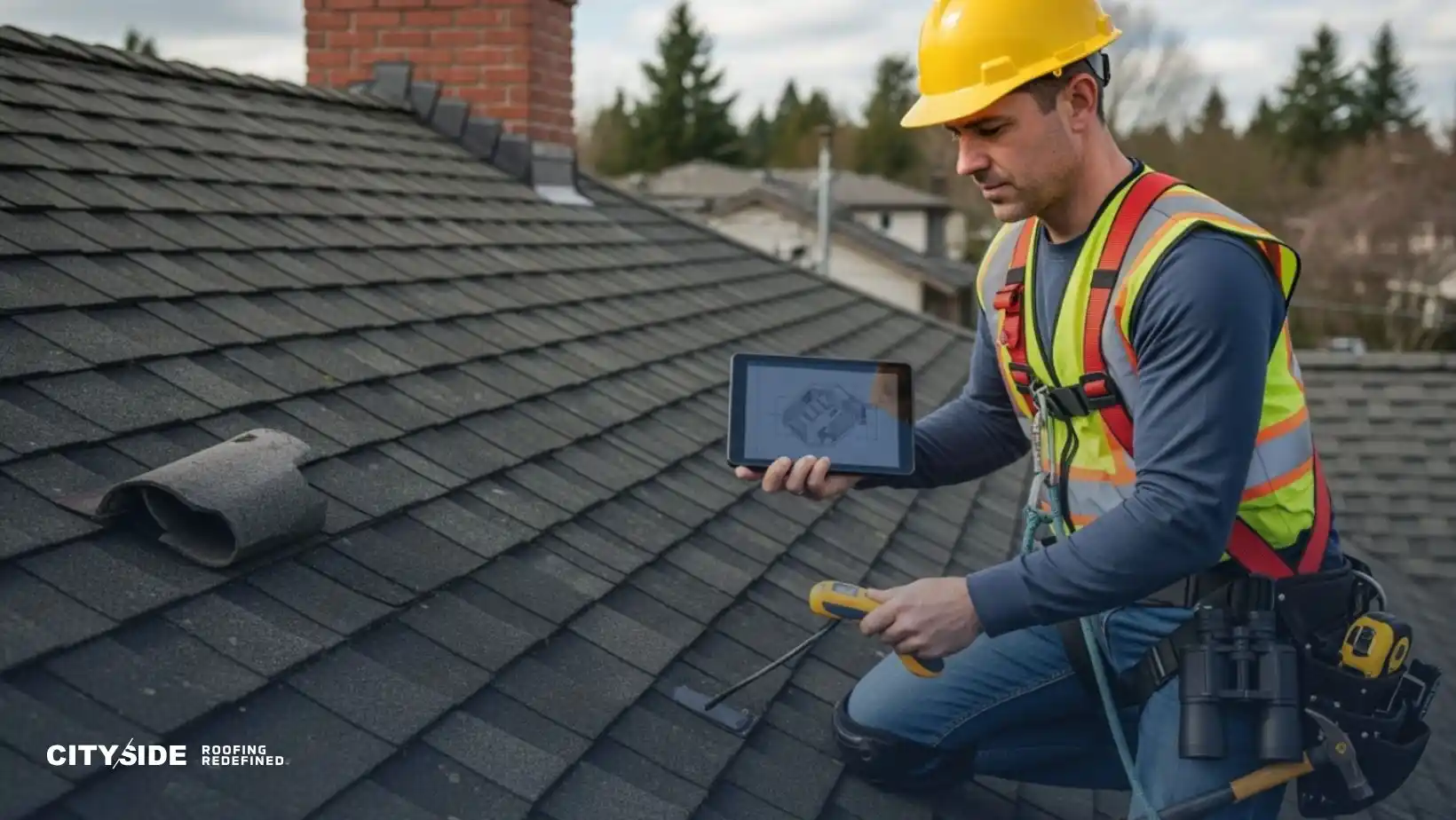 A construction worker in a safety vest and hard hat inspects a roof with a digital tablet and tools, displaying focus and professionalism in his task.