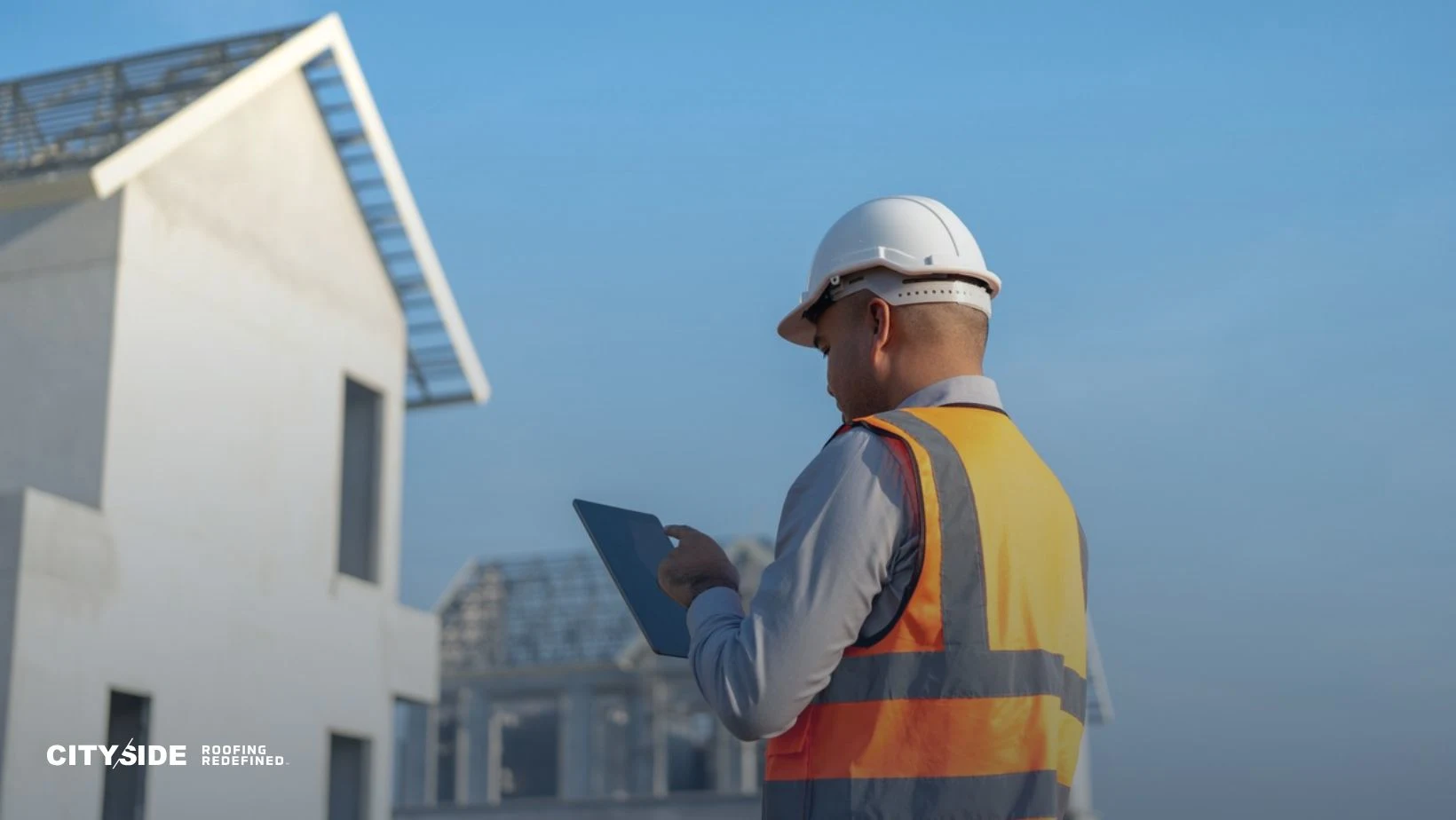 A construction worker in a hard hat and orange vest uses a tablet on a sunny day. He stands in front of a partially built house, under a clear blue sky.
