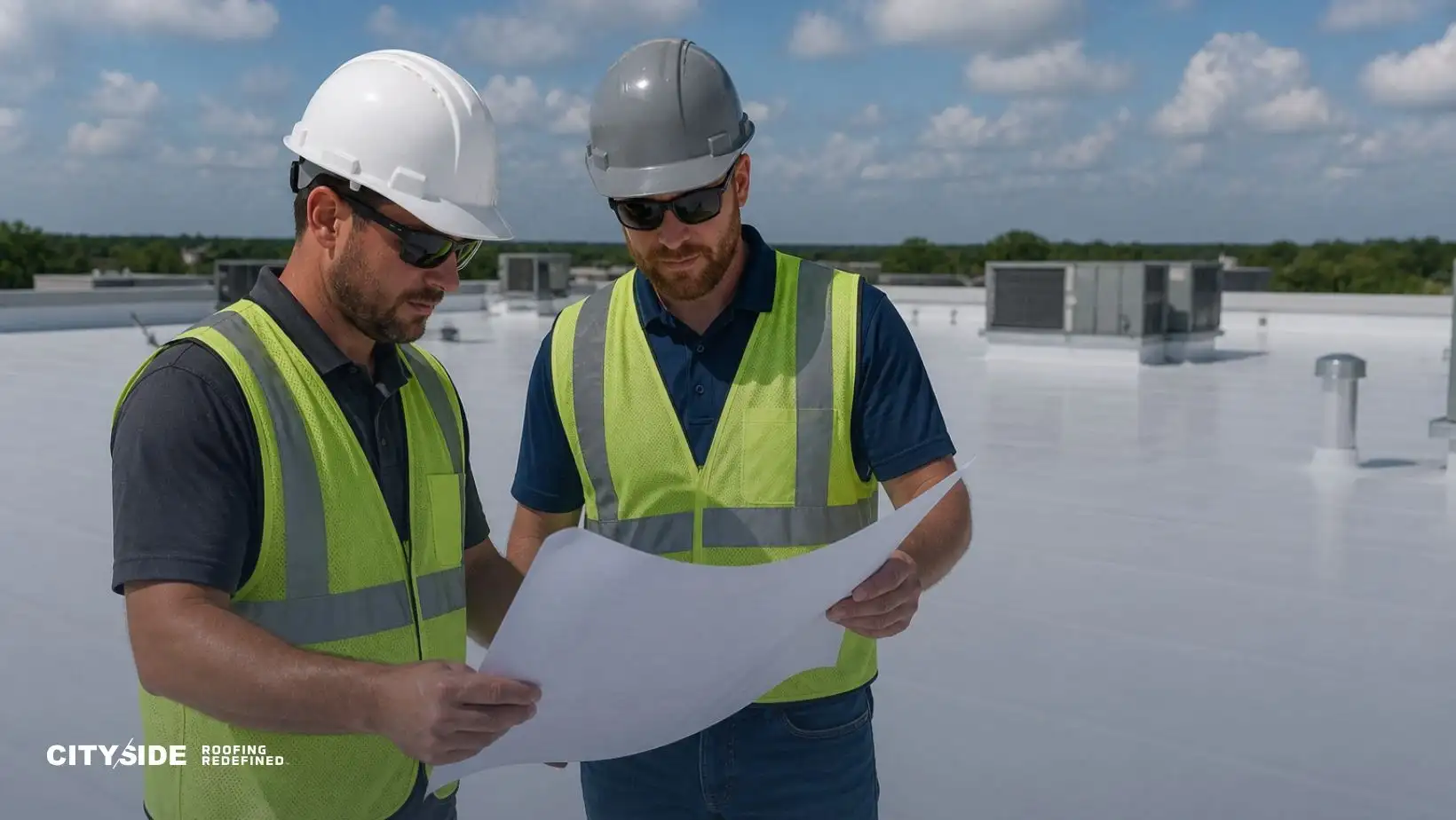 Two construction workers in hard hats and safety vests examine blueprints on a rooftop. It's a sunny day, with a clear sky and HVAC units visible.