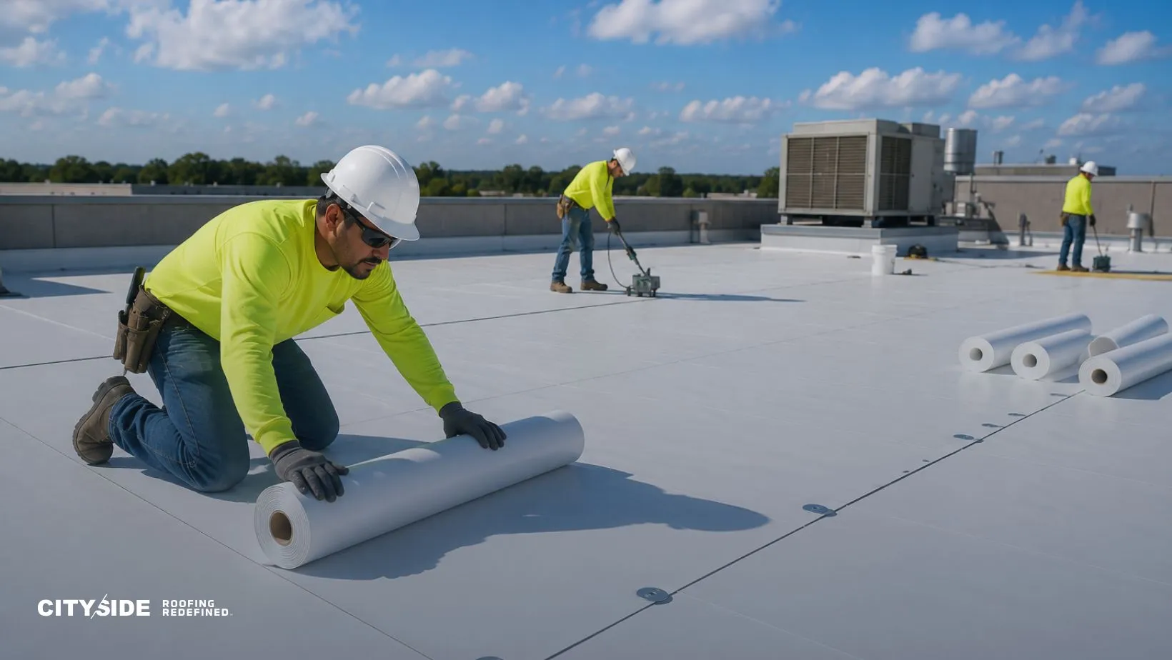 Workers in safety gear and bright clothing install roofing material on a flat roof under a blue sky with clouds. They handle rolls and use equipment.