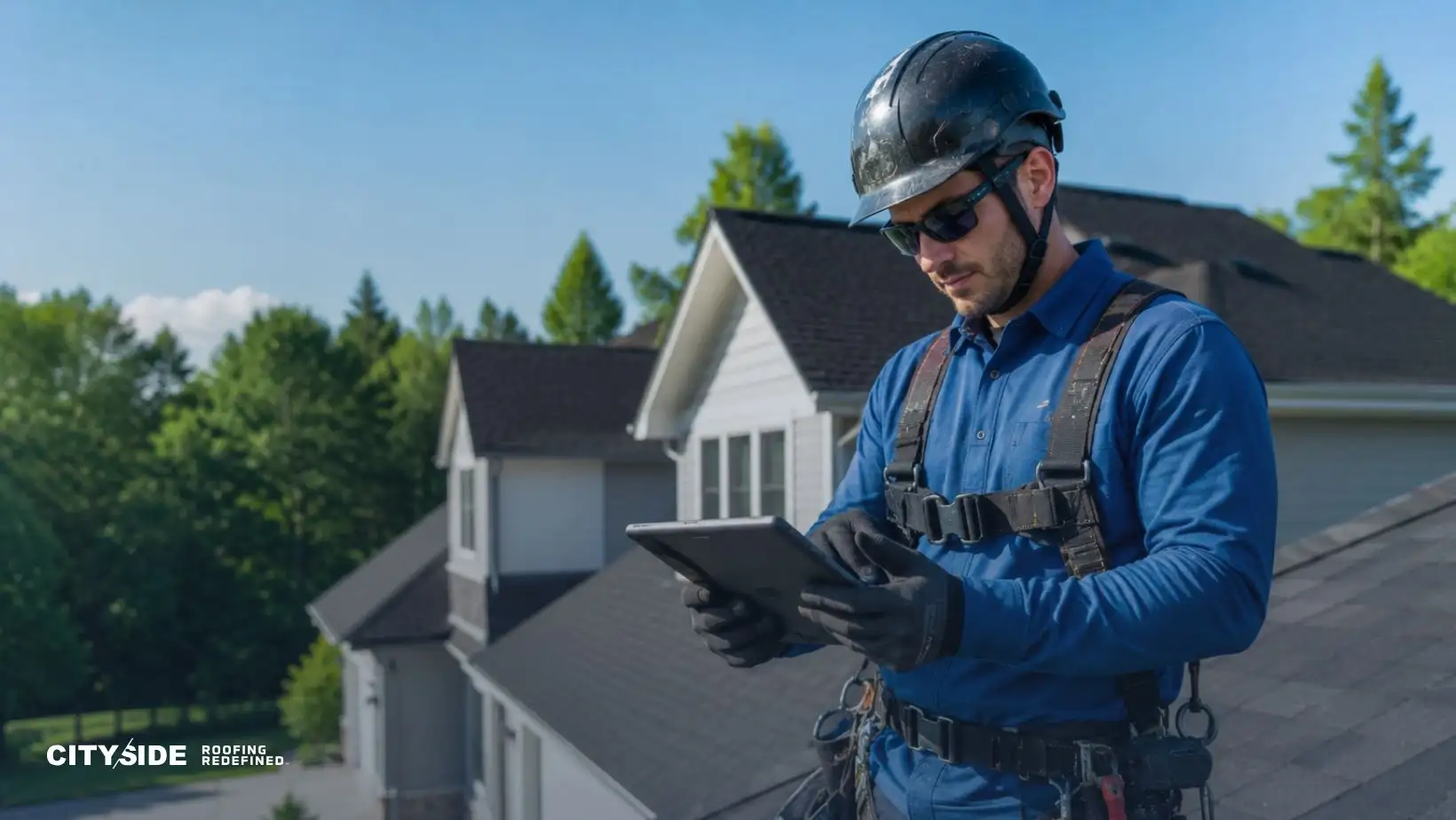 A construction worker in safety gear stands on a roof, using a tablet. The background features trees and a clear sky, conveying a professional tone.