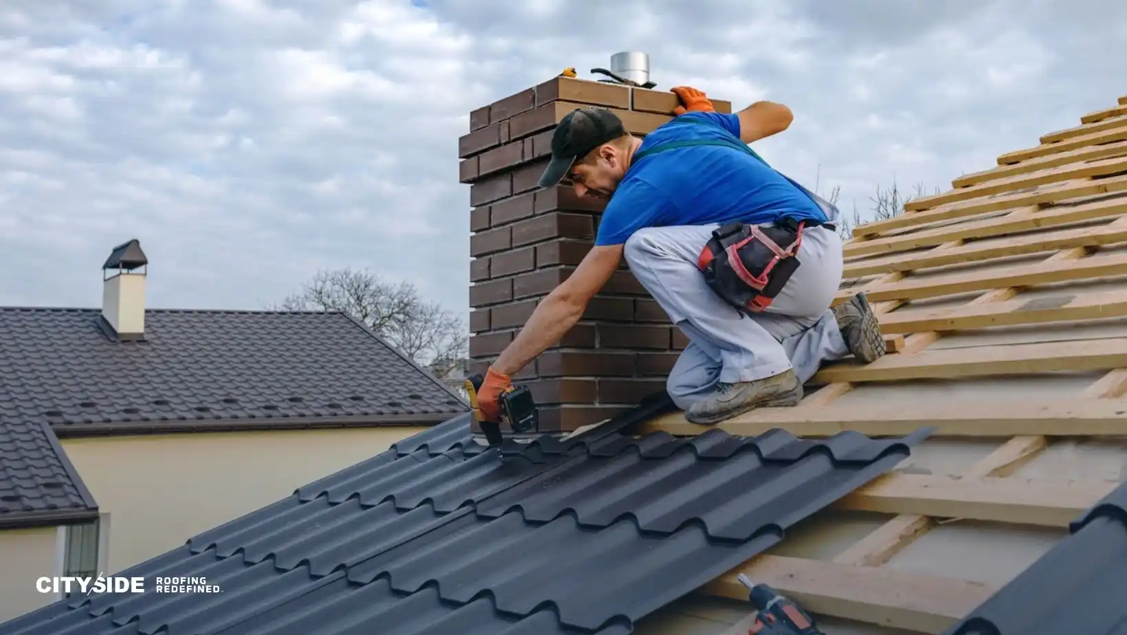 A worker in a blue shirt and cap installs metal roofing sheets on a sloped roof next to a brick chimney, under a cloudy sky. The scene conveys focus and precision.