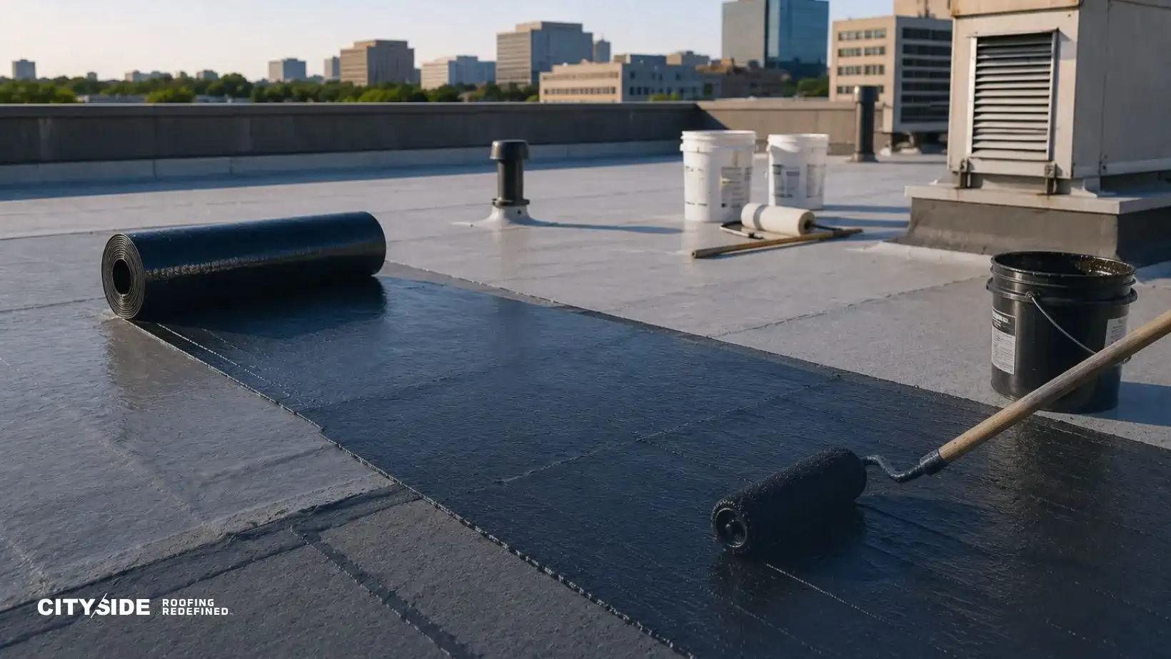 Flat rooftop with fresh black waterproofing being applied using a roller. Buckets and tools are nearby. City skyline visible in the background. Calm, sunny day.