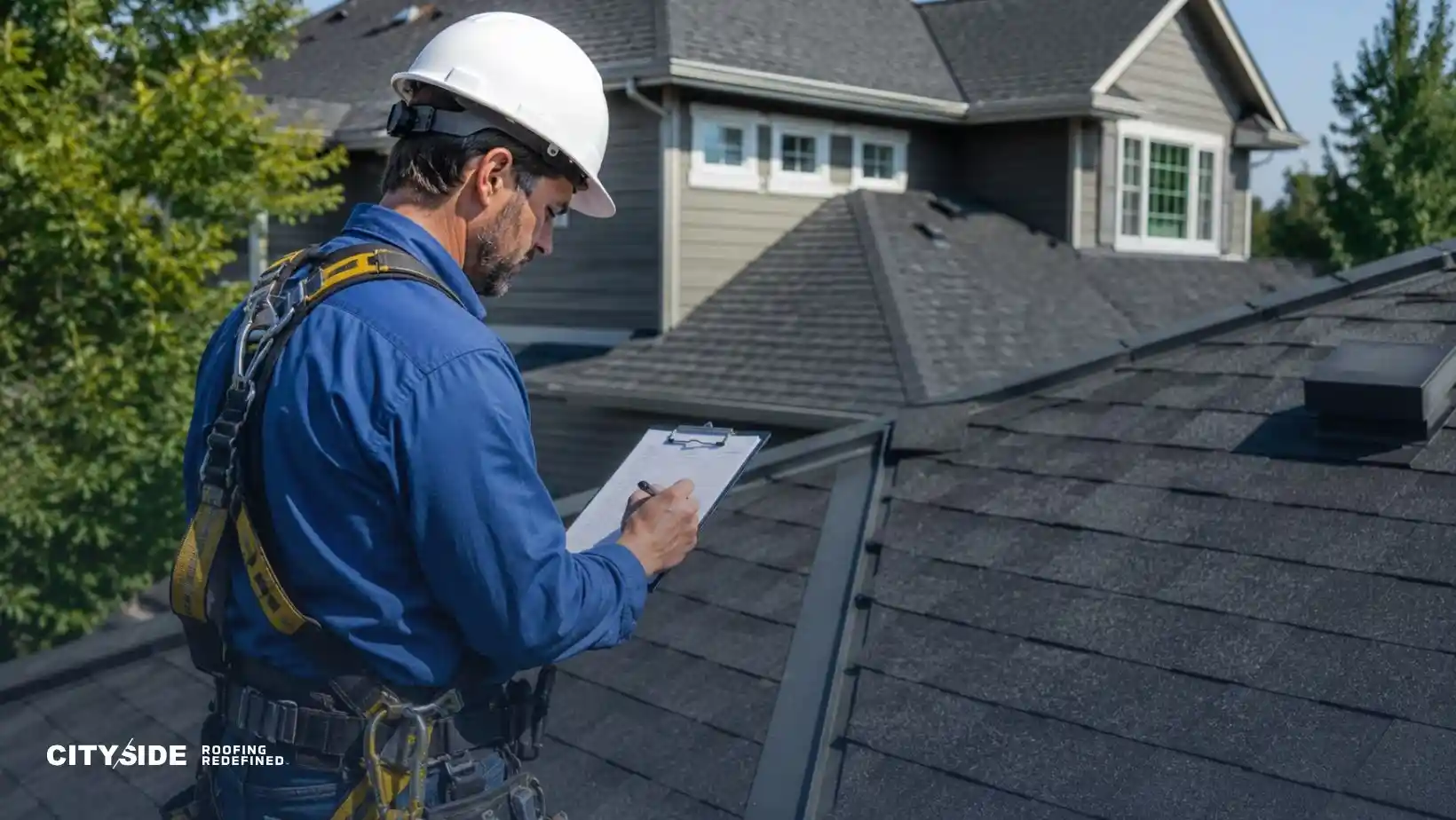 A construction worker in safety gear inspects a house roof, taking notes on a clipboard. The scene conveys diligence and professionalism.