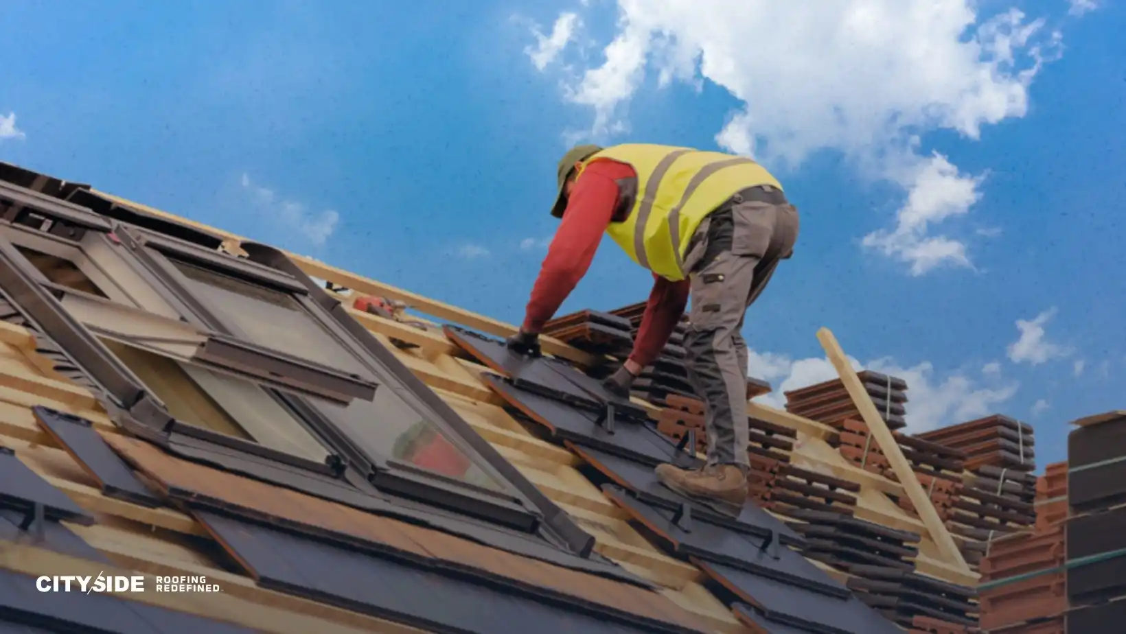 A construction worker in a safety vest installs roof tiles under a clear sky. The image conveys a sense of productivity and craftsmanship.