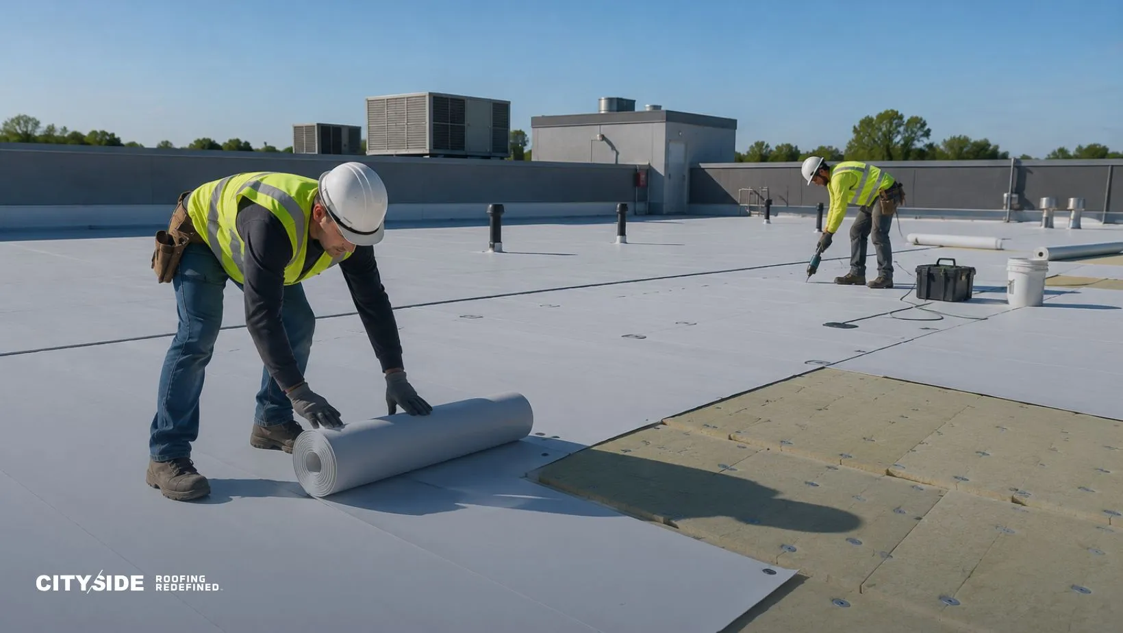 Two construction workers in safety gear are installing a white membrane on a flat commercial roof. The sky is clear, and trees are visible in the background.