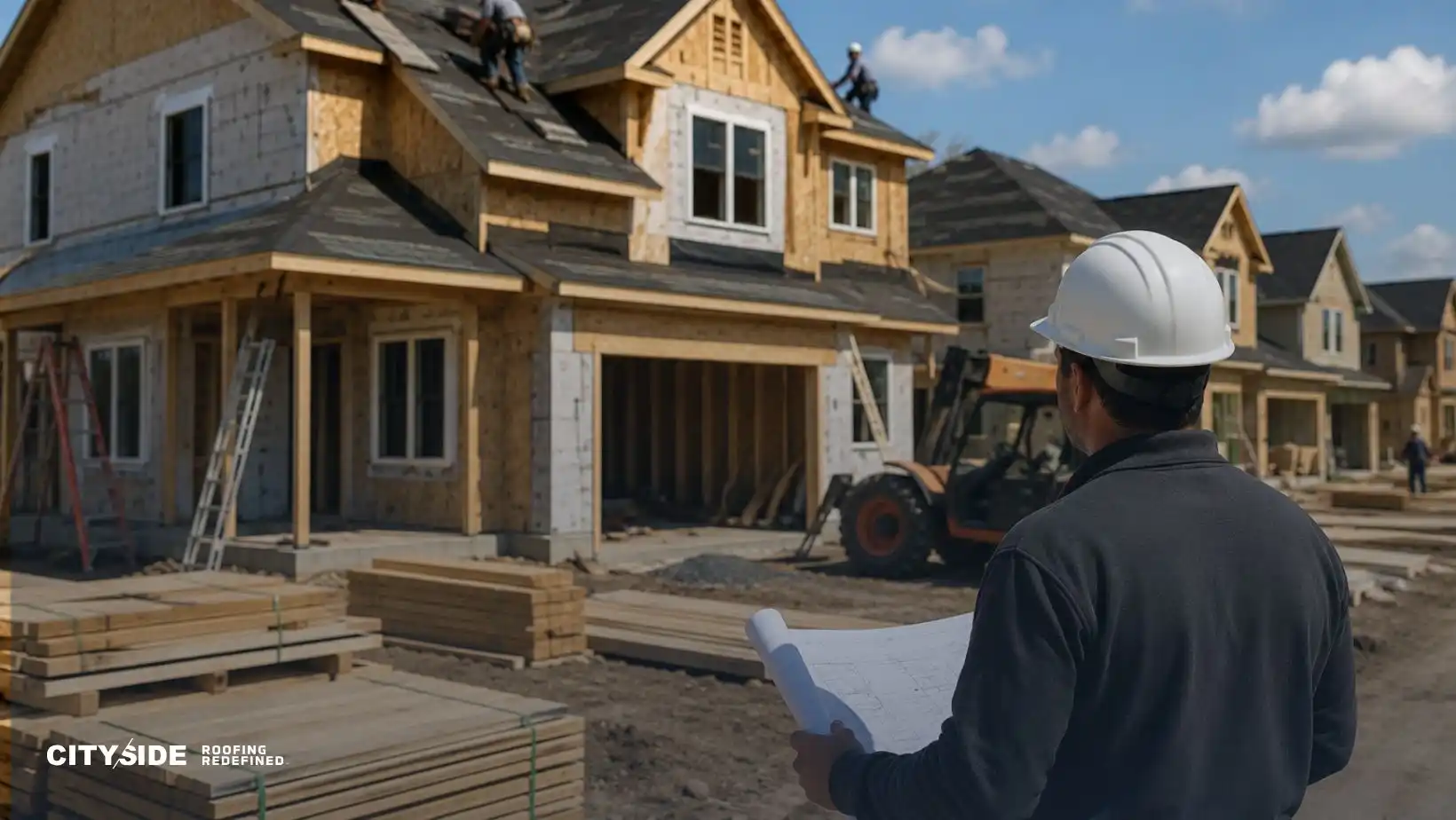 A construction site with a partially built house. A worker in a hard hat examines blueprints in the foreground, while others work on the roof.