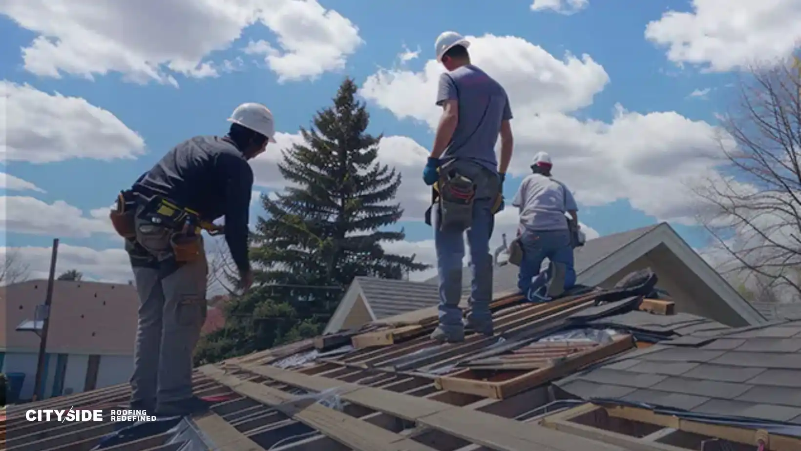 Three construction workers in safety gear stand on a roof under a blue sky with clouds, working diligently. Tools and materials are scattered around.