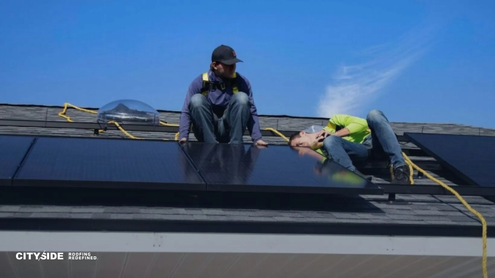 Two workers installing solar panels on a roof under a clear blue sky. One sits, the other lies back, both wearing safety gear and relaxed expressions.