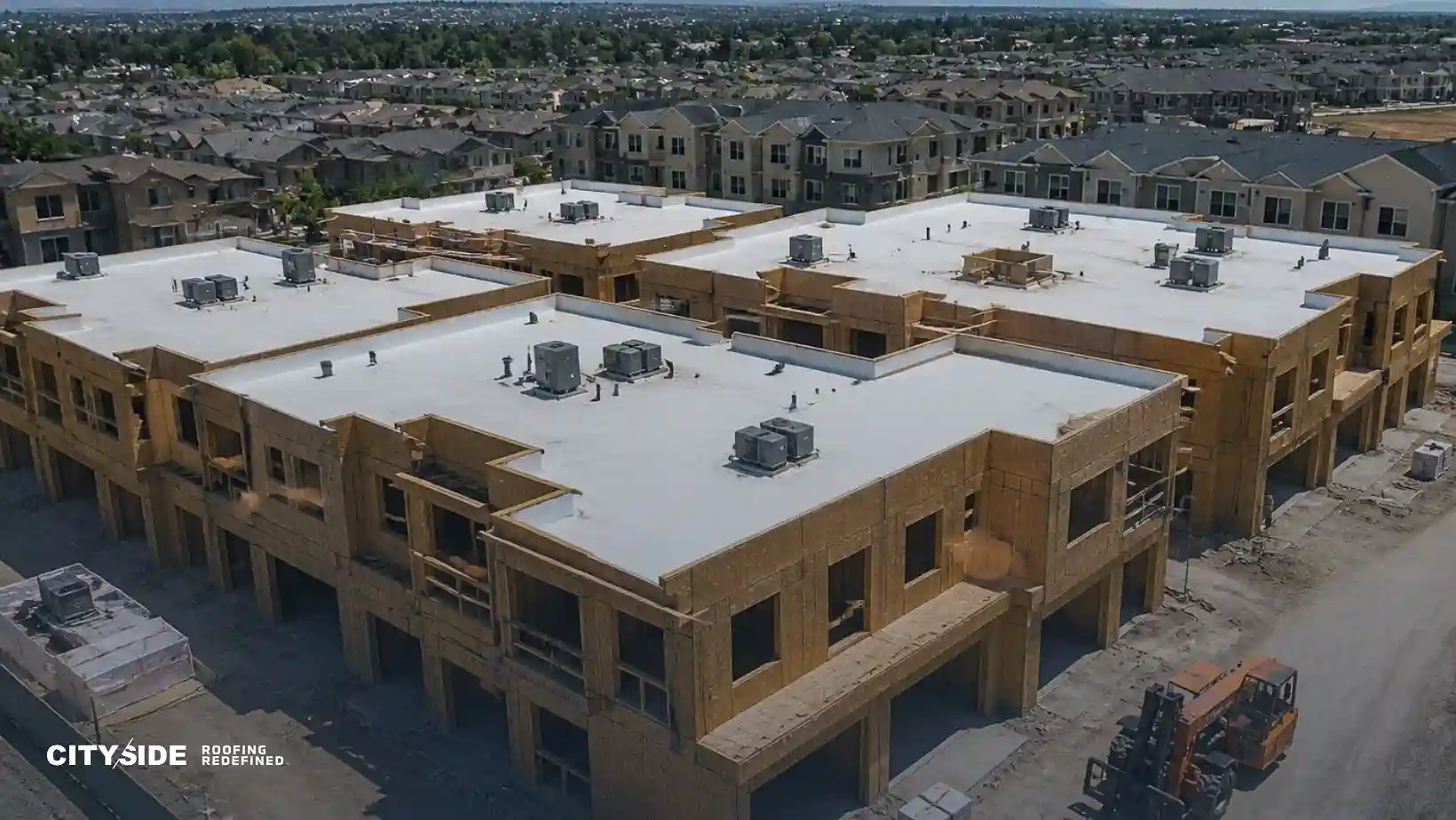 Aerial view of partially constructed apartment buildings with wooden frames and white roofs. Nearby, completed buildings and greenery are visible in the distance.