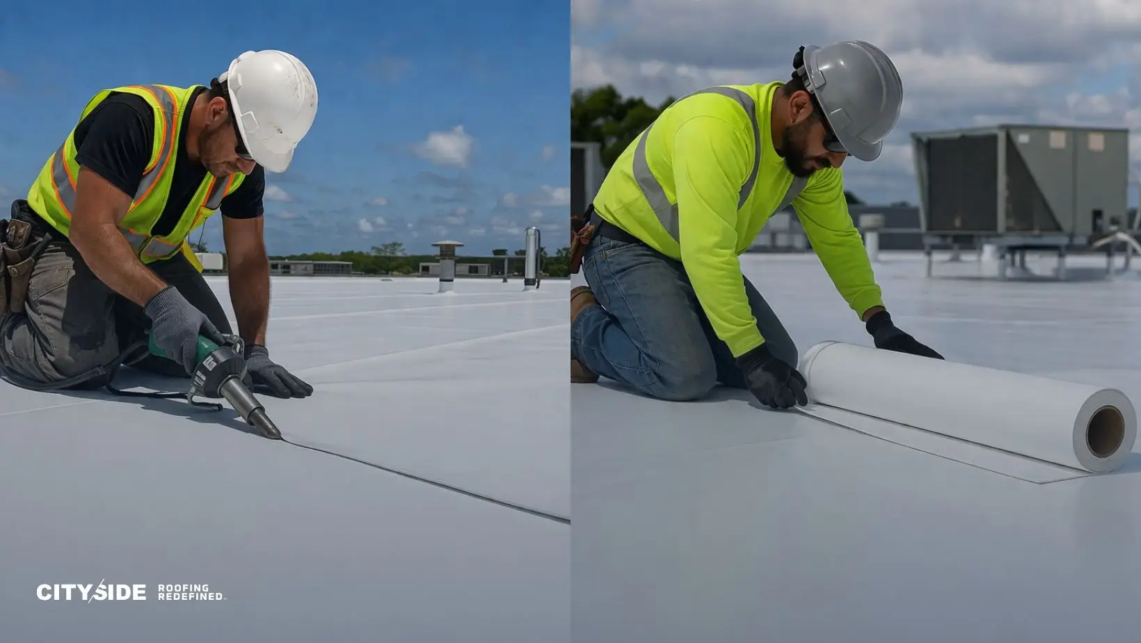 Two construction workers in safety gear and helmets install roofing material. One welds seams; the other rolls out roofing, both under a clear blue sky.