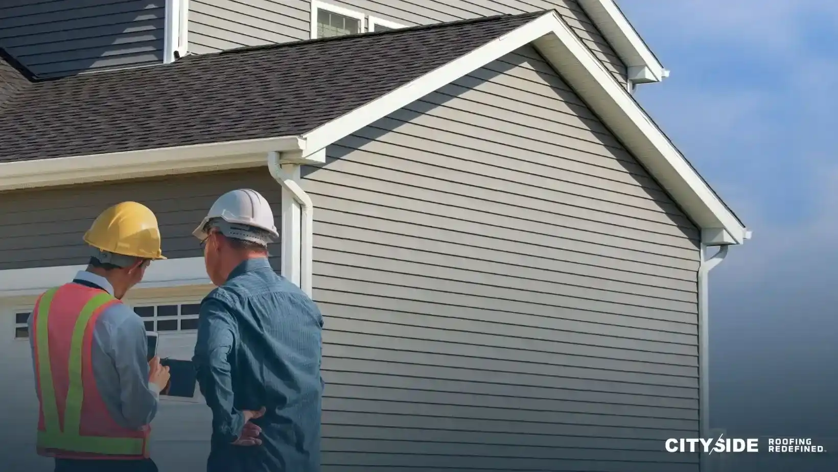 Two men are positioned in front of a house
