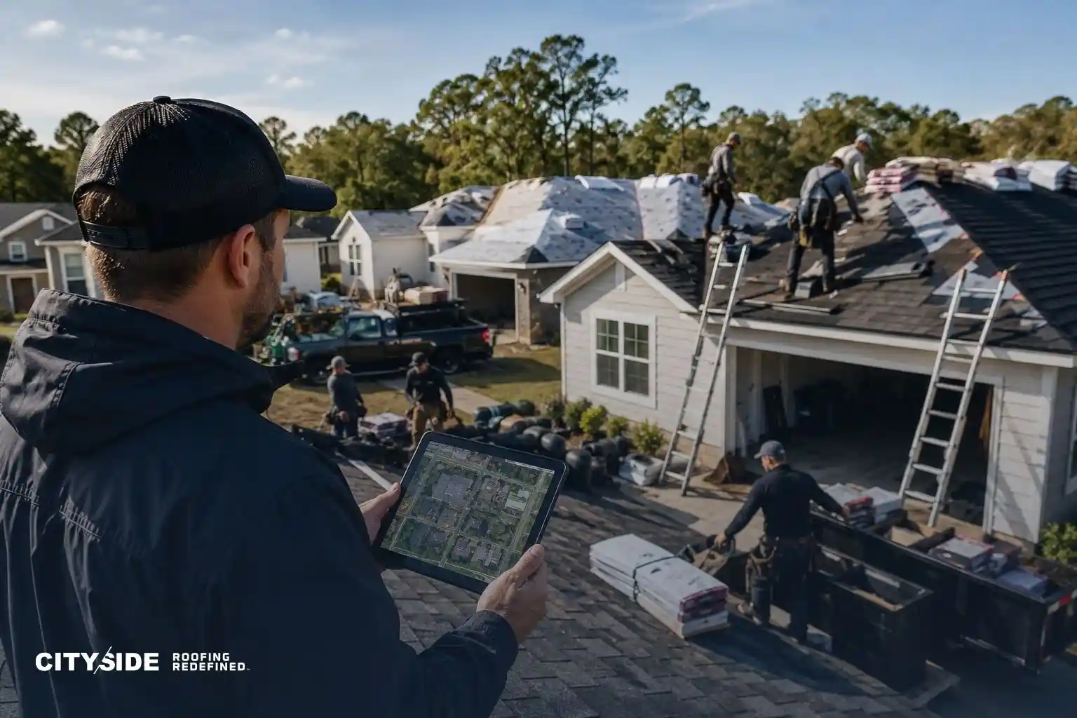 A man with a tablet supervises roofers working on a suburban home, surrounded by tools and ladders under a clear blue sky. Signs show "CitySide."