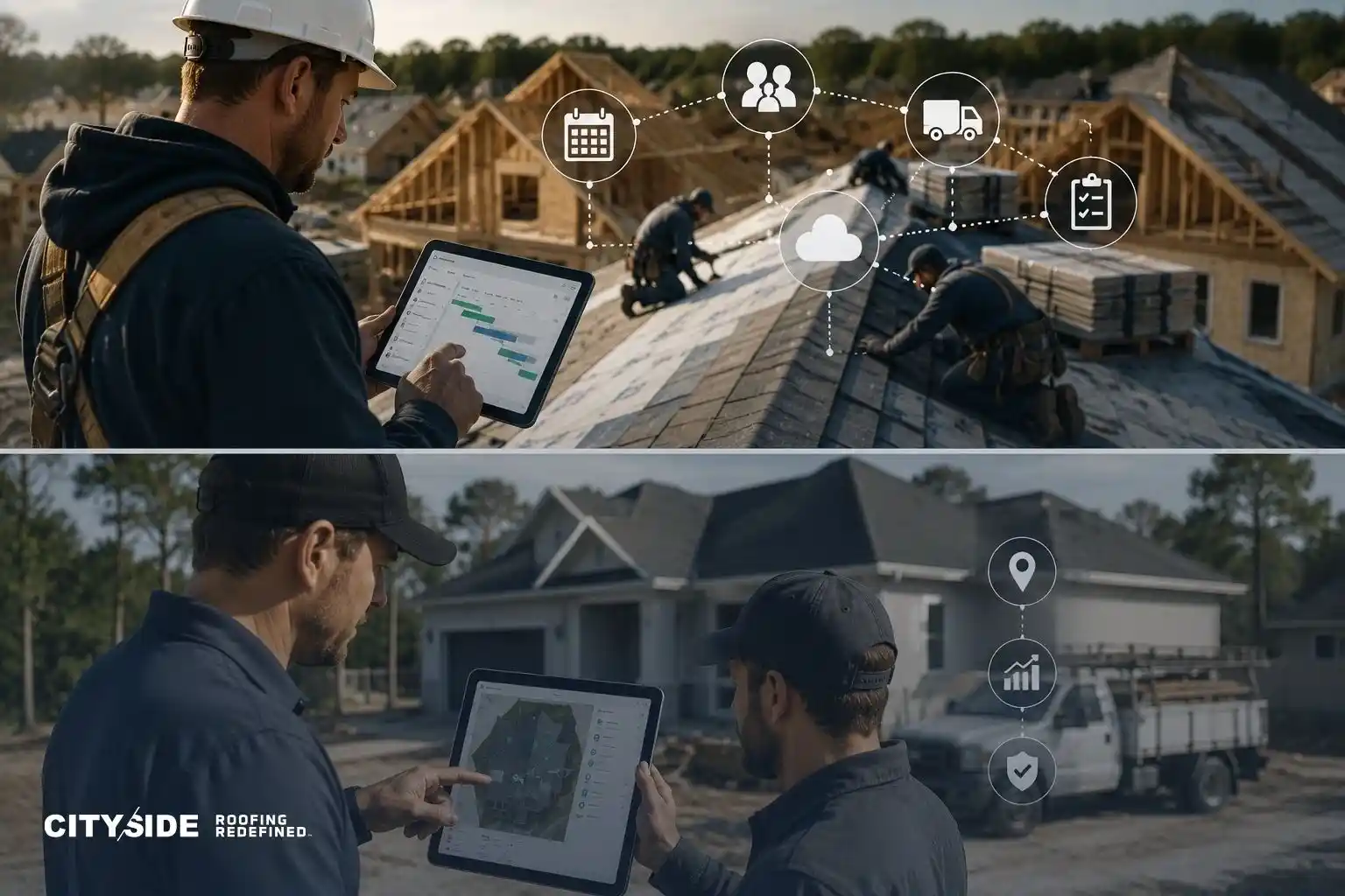 Construction workers on rooftops use tablets to track projects. Icons for scheduling, collaboration, and cloud services appear, enhancing efficiency.