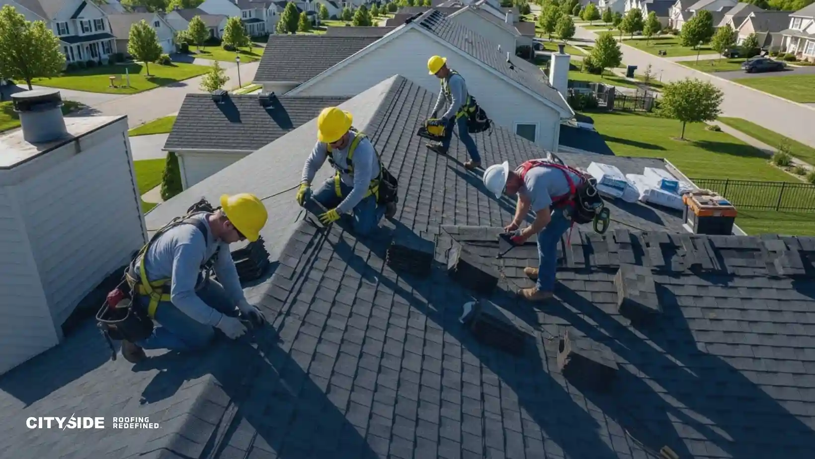 Four workers in safety gear and helmets install shingles on a suburban rooftop. The scene conveys teamwork and precision under a clear sky.