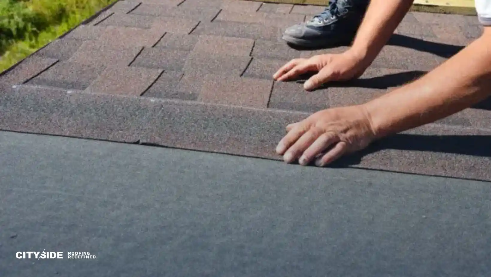 Hands are precisely aligning brown shingles on a rooftop, against a background of greenery. The text "City Side Roofing" is visible in the corner.