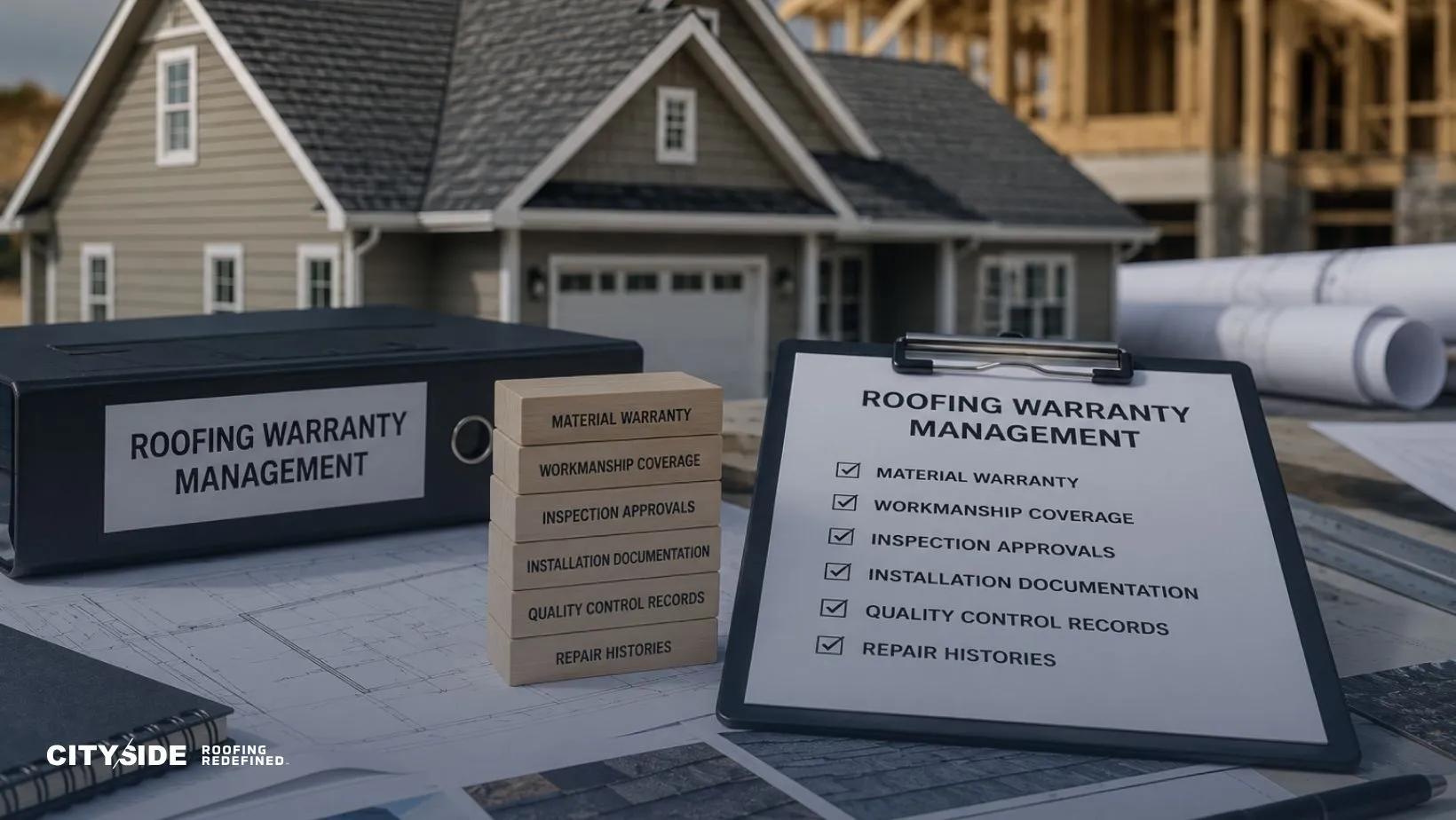 A clipboard and binder labeled 'Roofing Warranty Management' sit on a table with documents and blueprints, in front of a house under construction. The scene conveys organization and professionalism.