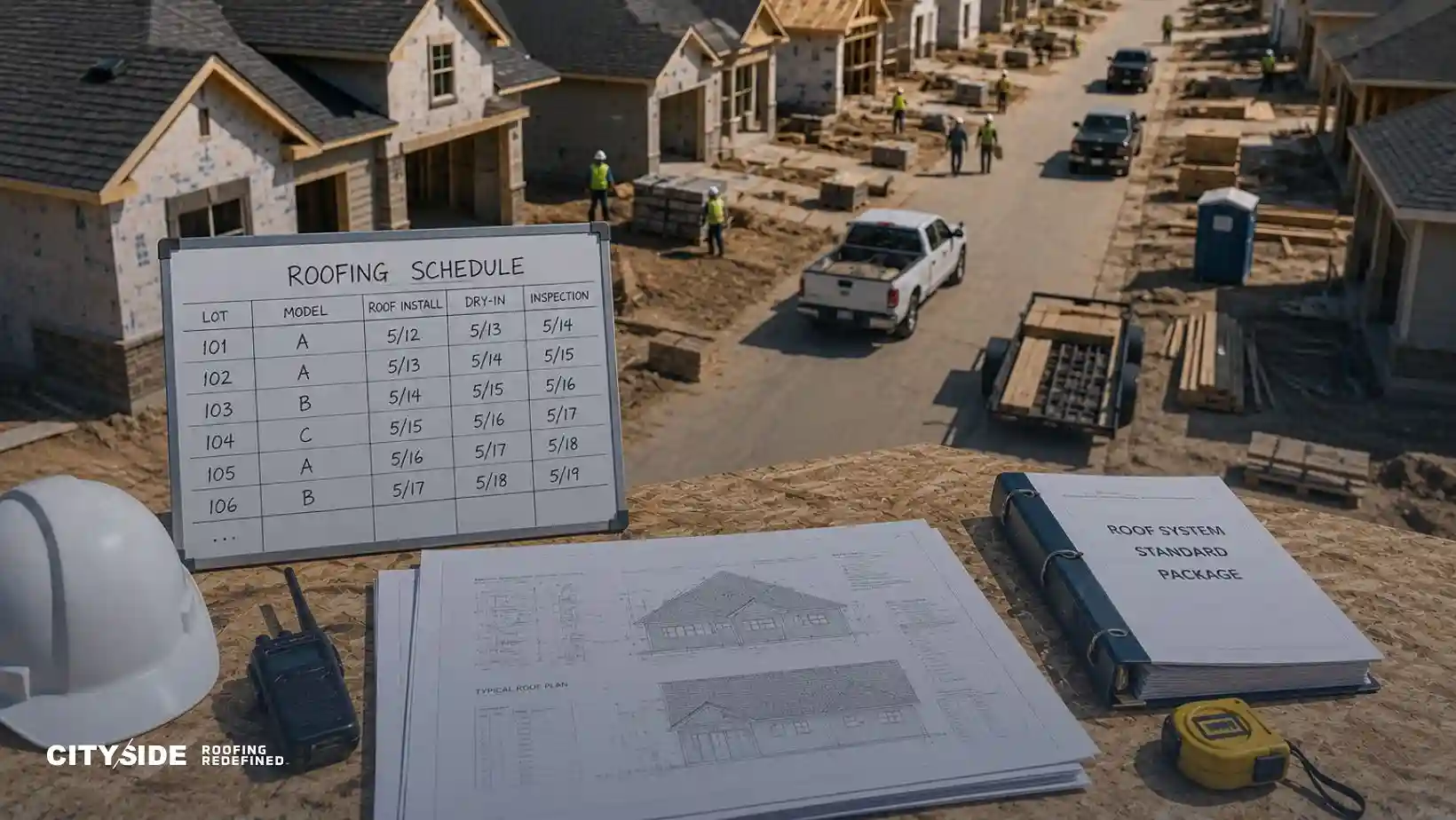 Residential roofing schedule, construction plans, and roof system documents prepared for a multi-home roofing project.