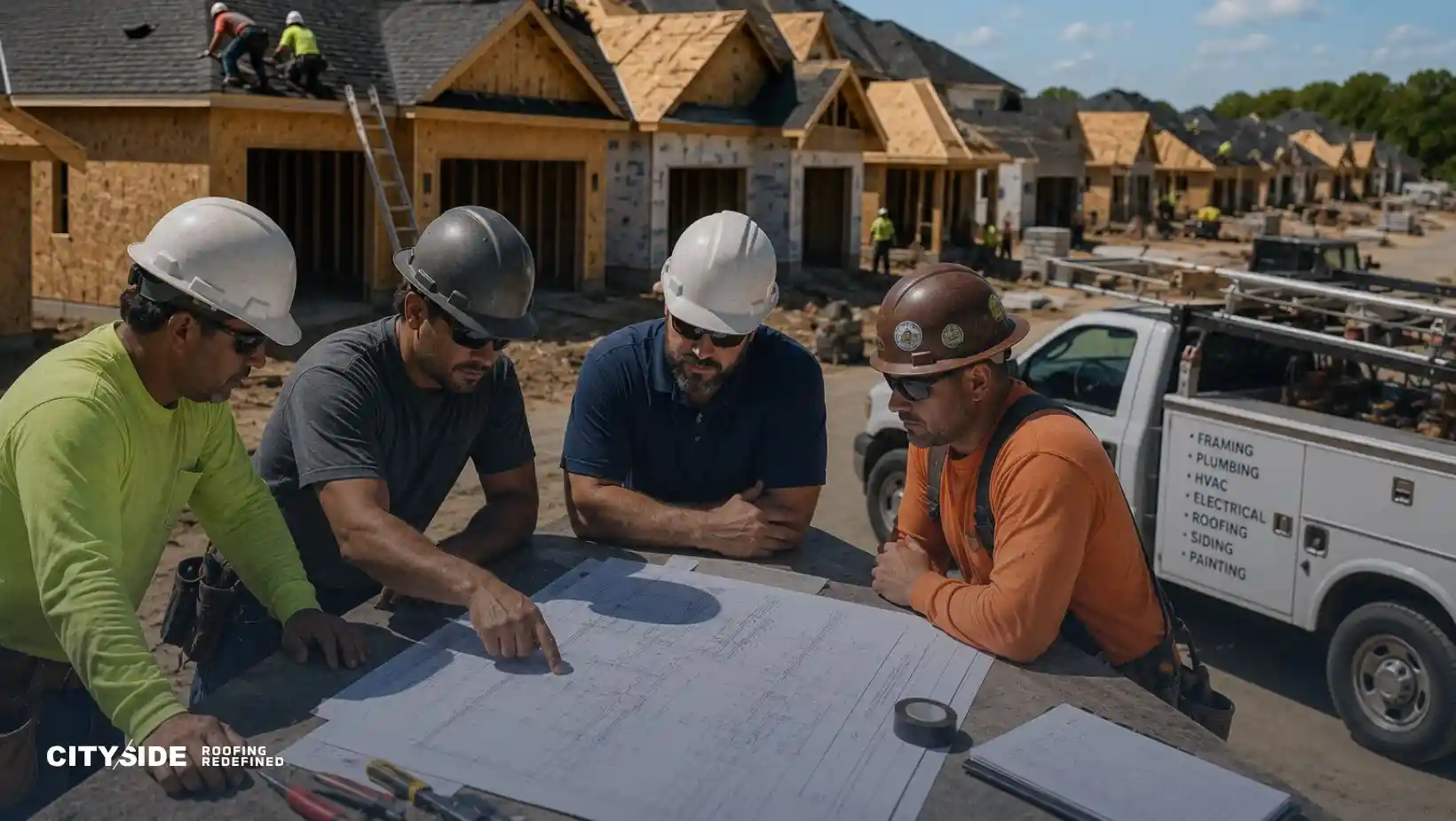 Roofing contractors reviewing construction blueprints and planning residential roof installation at a new home development.