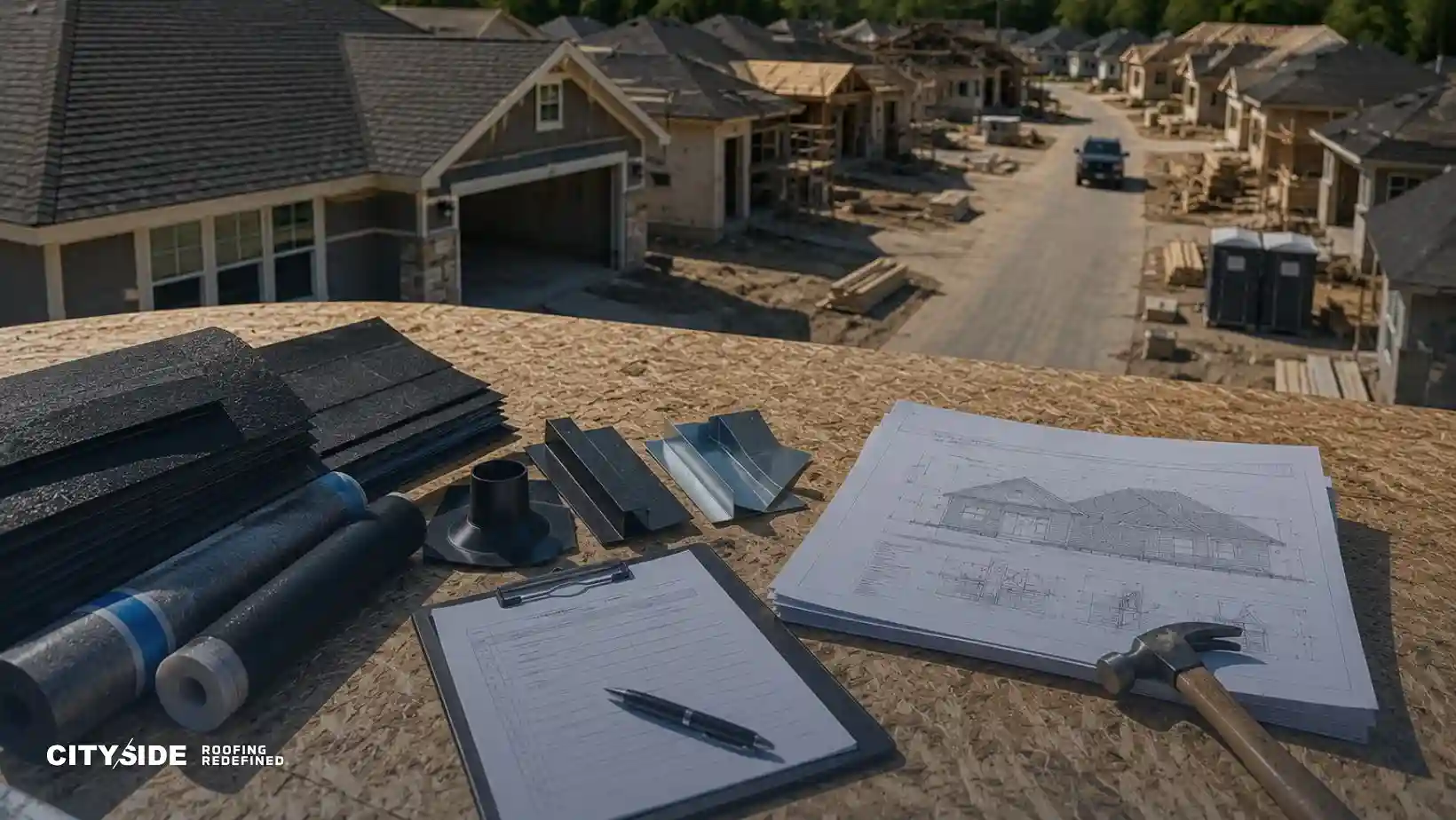 Roofing materials, architectural roof plans, and installation tools prepared for residential roof construction in a new housing community.