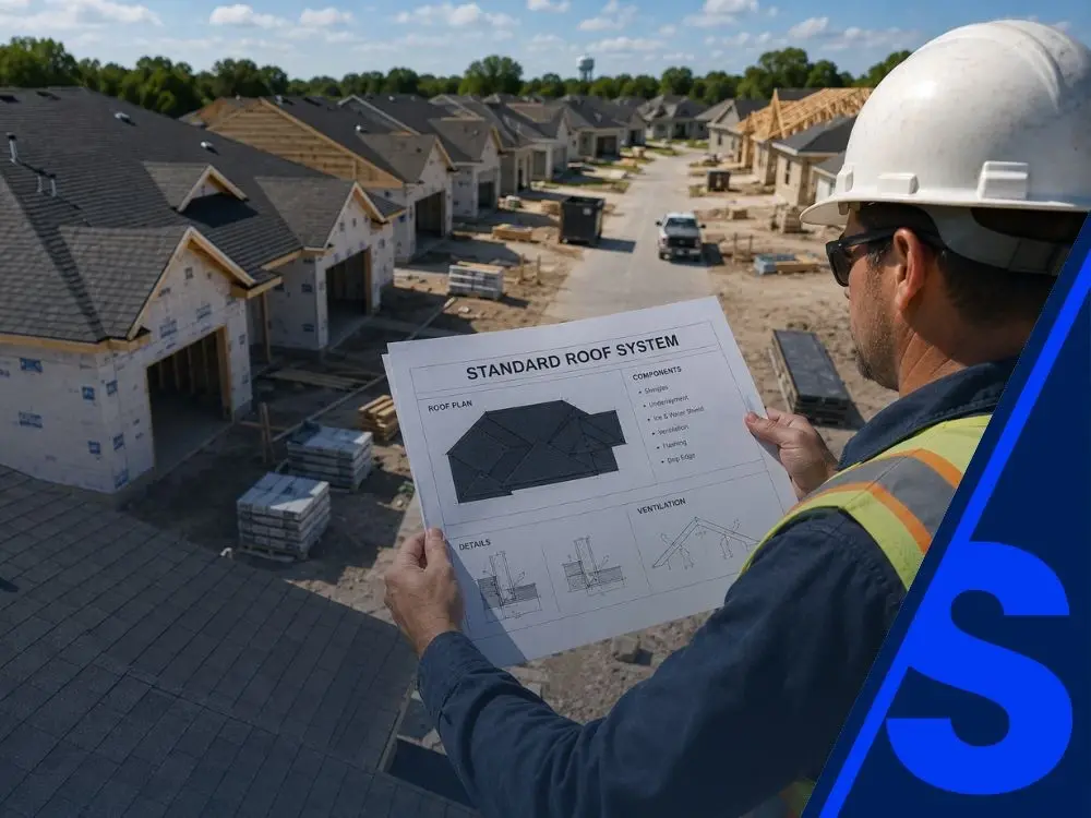 Roofing professional reviewing a standard roof system plan while inspecting residential homes under construction for quality assurance.